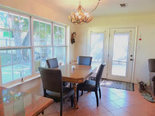 a view of a dining room with furniture window and outside view