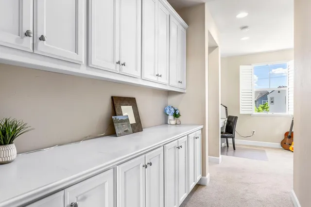 a kitchen with stainless steel appliances white cabinets and a potted plant