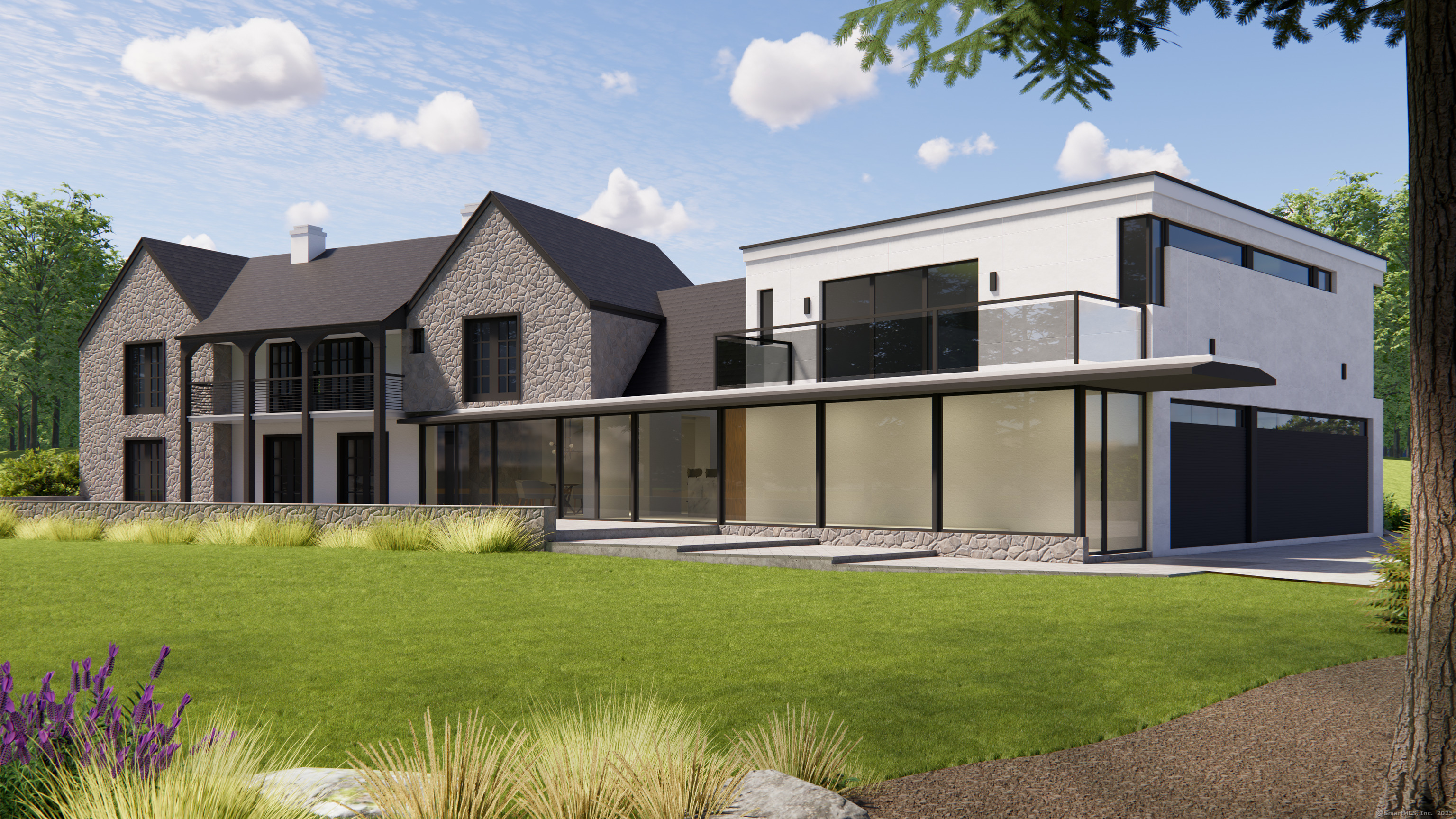 a front view of house with yard and green space