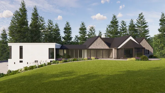 a front view of house with yard and green space