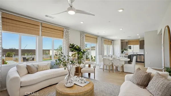 a living room with furniture potted plant and a large window