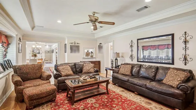 a living room with furniture ceiling fan and a rug