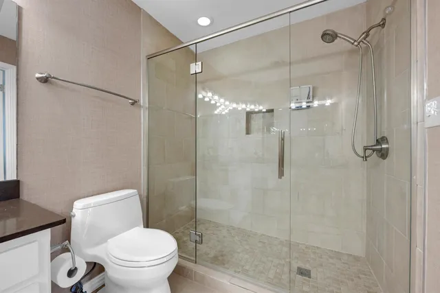 a bathroom with a shower and a toilet