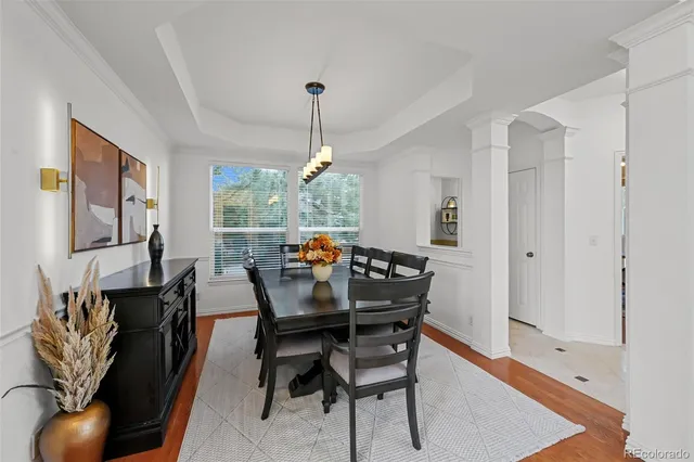 a view of a dining room with furniture