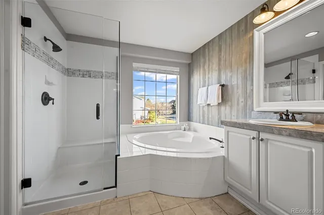a bathroom with a tub sink shower and mirror