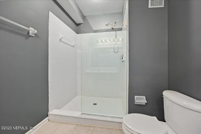 a bathroom with a shower and toilet