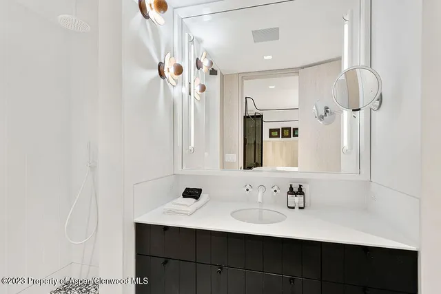 a bathroom with a sink a mirror and shower