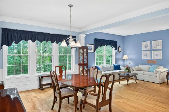 a view of a dining room with furniture a chandelier and wooden floor