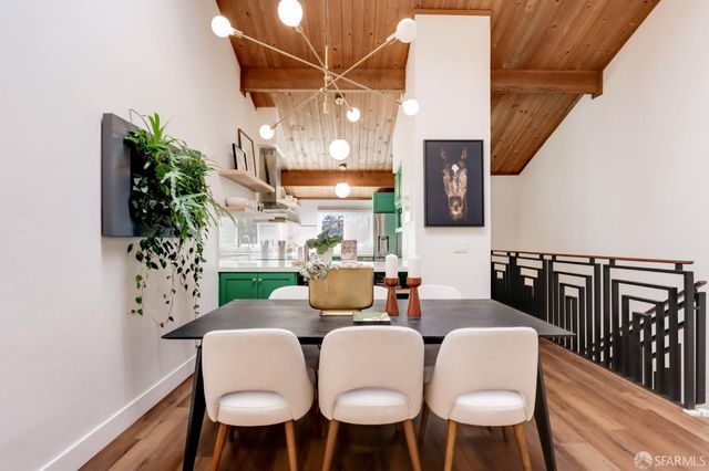 a view of a dining room with furniture