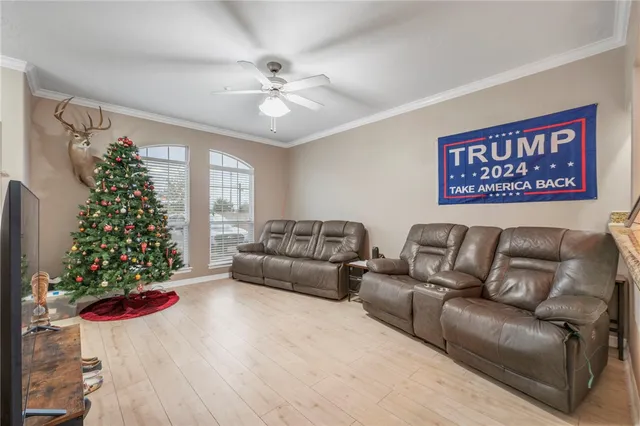 a living room with furniture and a christmas tree