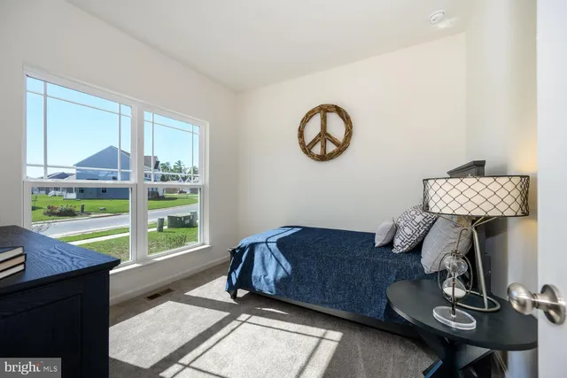 a living room with couch guitar and a window