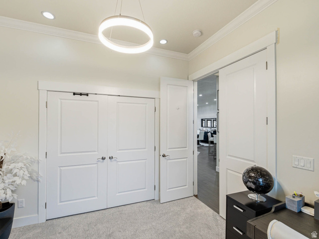 1154 Sunset Dunes Way Draper, UT 84020 - Photo 32 of 50 Office featuring light carpet, ornamental molding, and recessed lighting