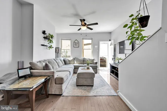 a living room with furniture and a potted plant