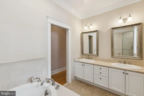 a bathroom with a double vanity sink mirror and bathtub