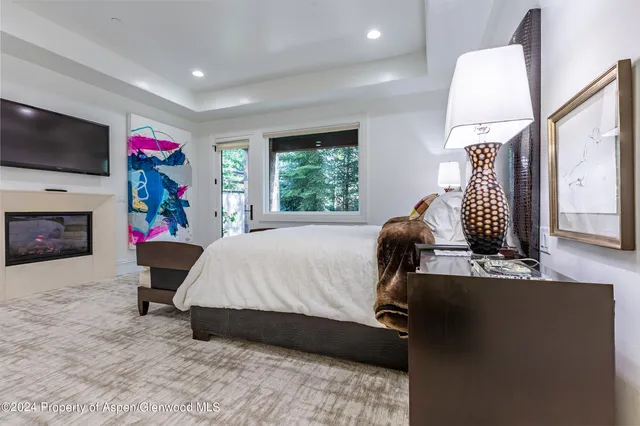 a bed room with a bed window and a television