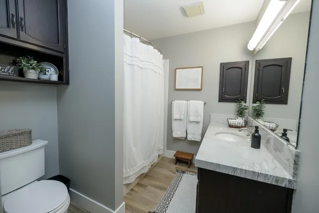 a bathroom with a sink a toilet and mirror