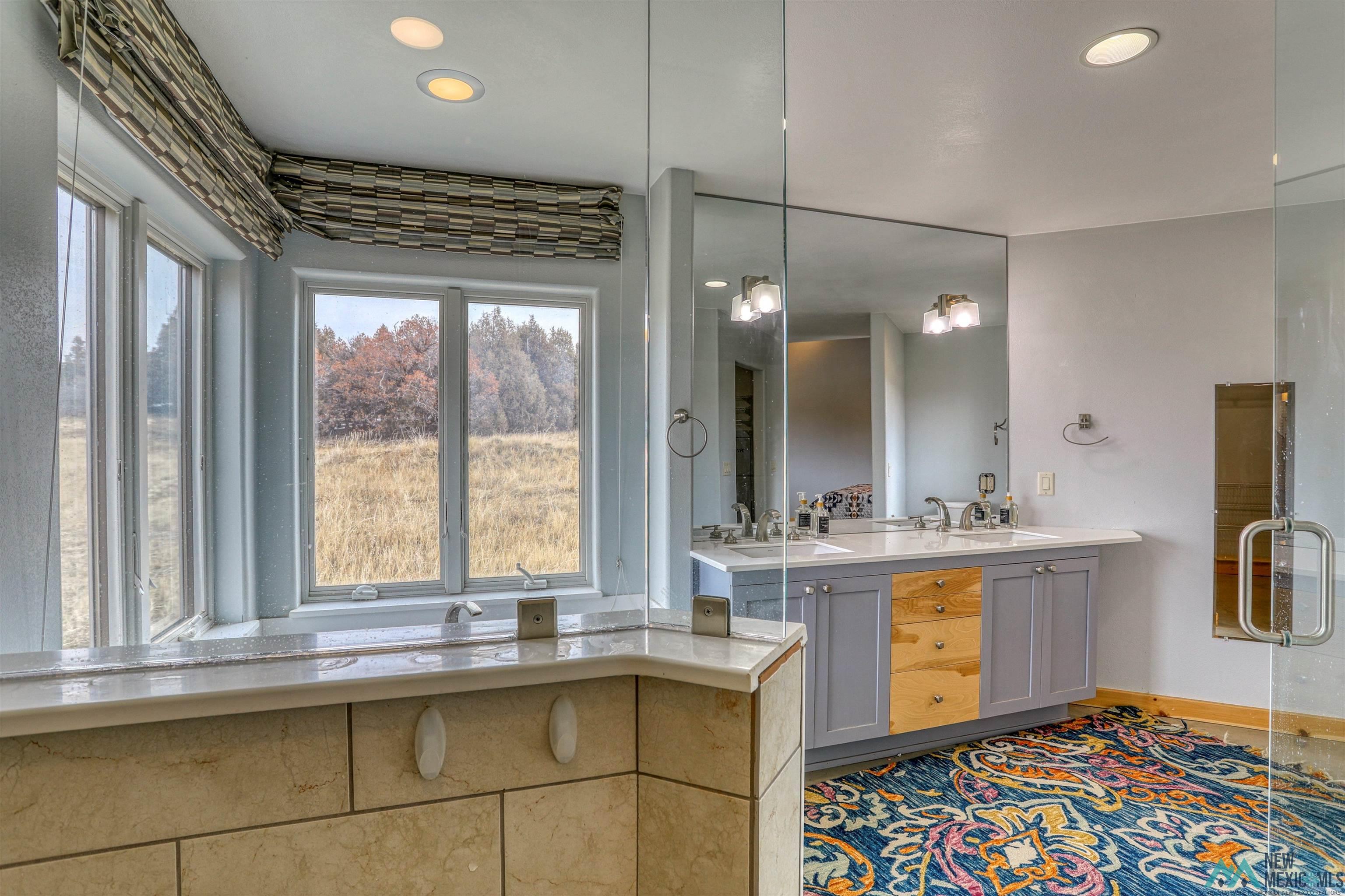 12 Horn Toad Road Chama, NM 87520 - Photo 31 of 52 Bathroom featuring double vanity, recessed lighting, and a stall shower