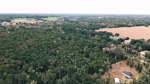 an aerial view of residential house with outdoor space and trees all around