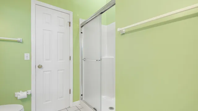 a bathroom with a shower and a toilet