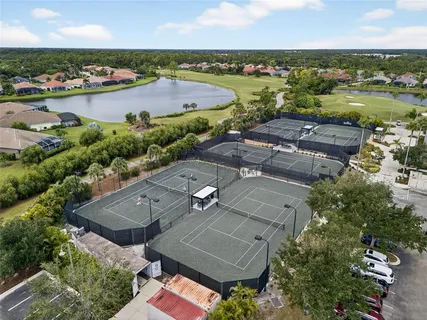 an aerial view of a swimming pool