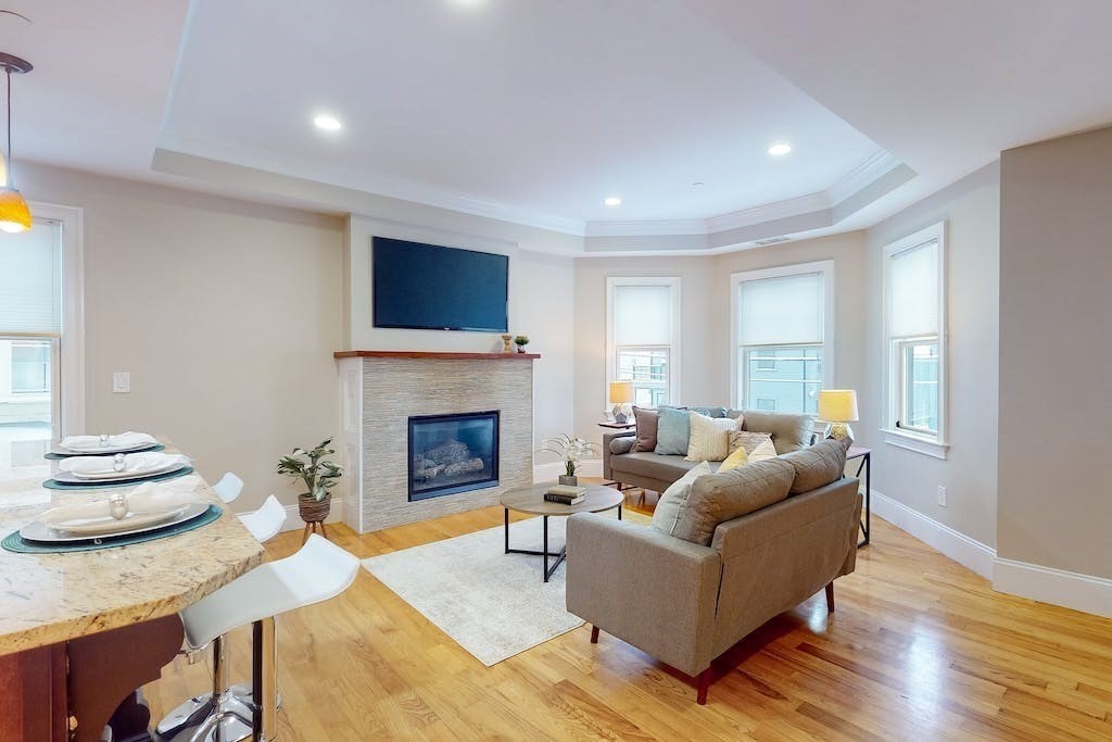 201 Pearl Street, Unit 2 Cambridge, MA 02139 - Photo 2 of 16 a living room with furniture and a fireplace