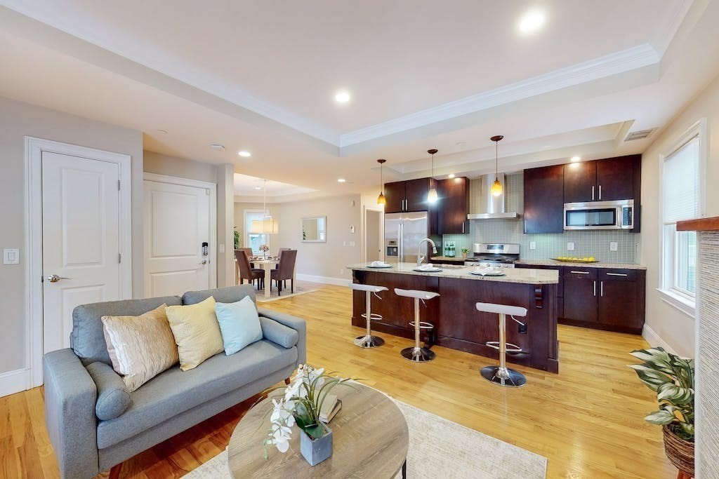 201 Pearl Street, Unit 2 Cambridge, MA 02139 - Photo 5 of 16 a living room kitchen with a couch and a kitchen view
