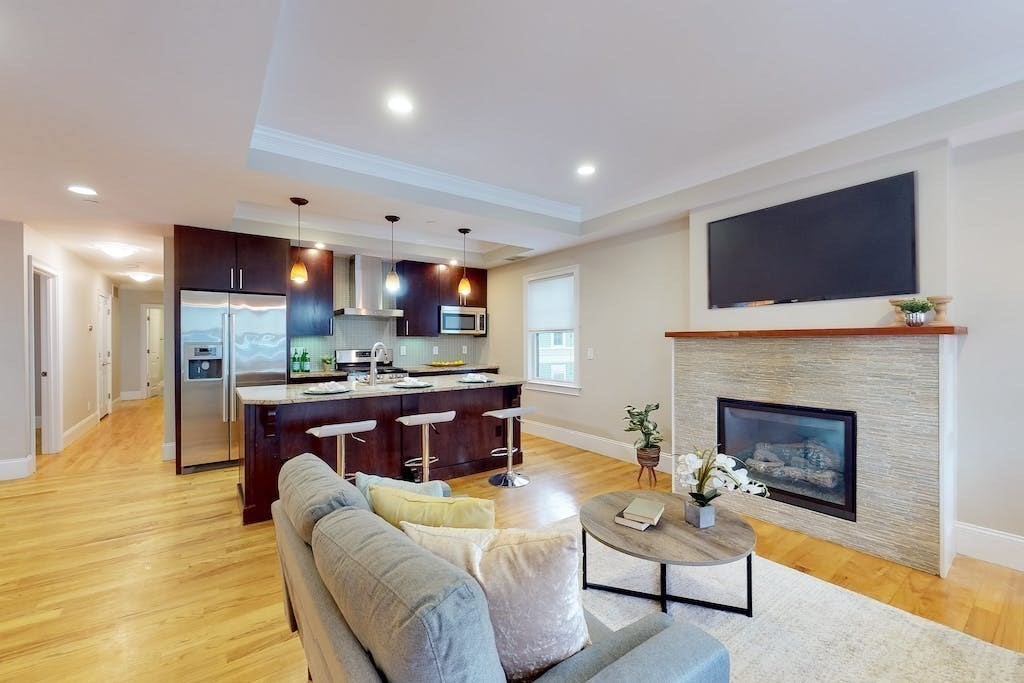 201 Pearl Street, Unit 2 Cambridge, MA 02139 - Photo 6 of 16 a living room with furniture and a fireplace