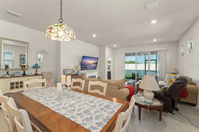 a view of a dining room with furniture