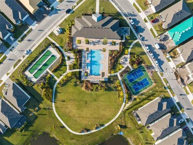 an aerial view of a swimming pool
