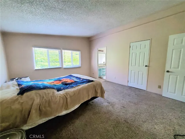 a bedroom with a bed and two windows