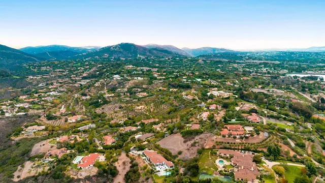 an aerial view of residential houses with outdoor space and trees