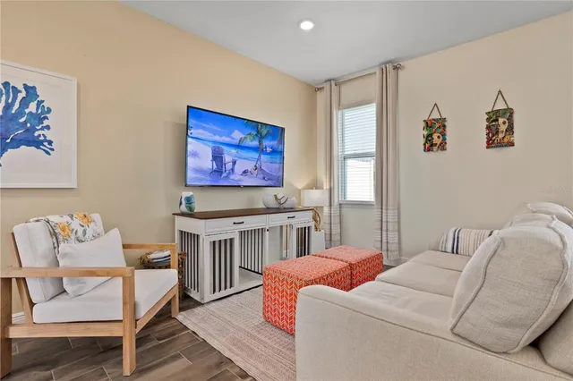 a view of a dining room with furniture