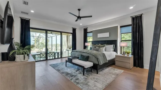 a bedroom with a bed and wooden floor