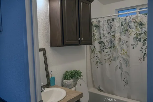 a bathroom with a shower curtain and toilet