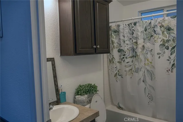 a bathroom with a shower curtain and toilet