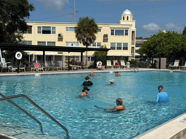 a view of a park with large trees