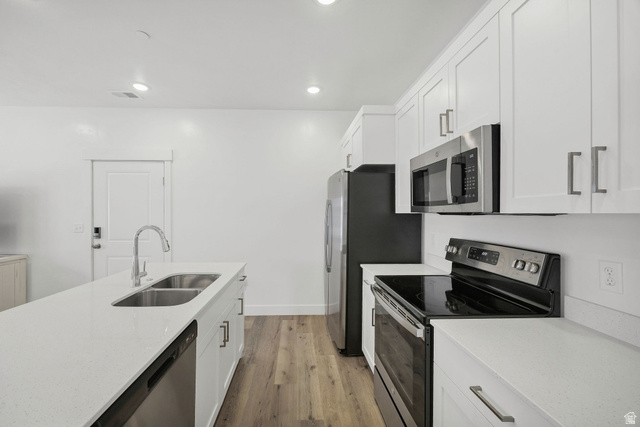 3115 South 200 West, Unit C201 Nibley, UT 84321 - Photo 5 of 23 Modern kitchen featuring an island with an undermount double-basin sink, white shaker-style cabinetry, stainless steel appliances, light-toned countertops, and wood-finish flooring