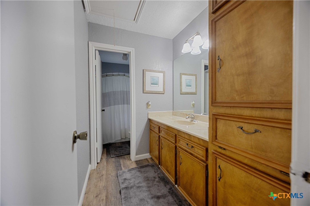 2745 Holub Road Schulenburg, TX 78956 - Photo 30 of 45 a bathroom with a granite countertop sink a mirror and a shower