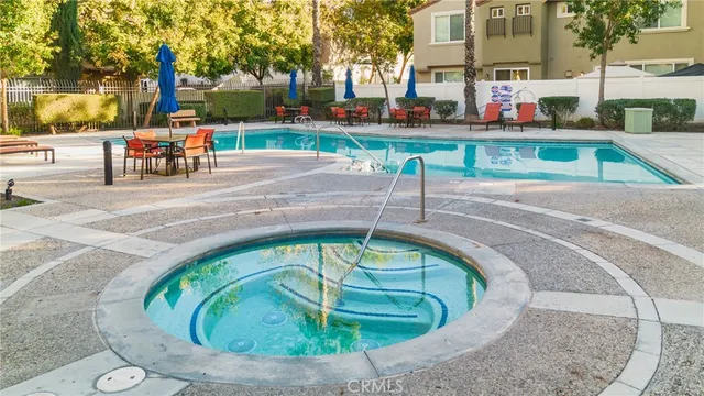 an outdoor view with a swimming pool