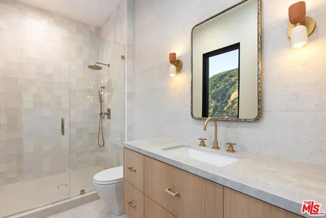 a bathroom with a granite countertop sink a toilet and shower