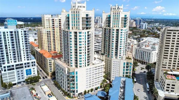 a city view with tall buildings