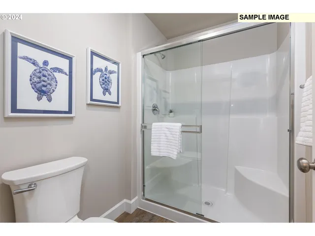 a bathroom with a shower and a toilet