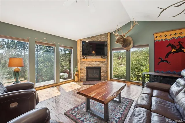 a living room with furniture a flat screen tv and a fireplace