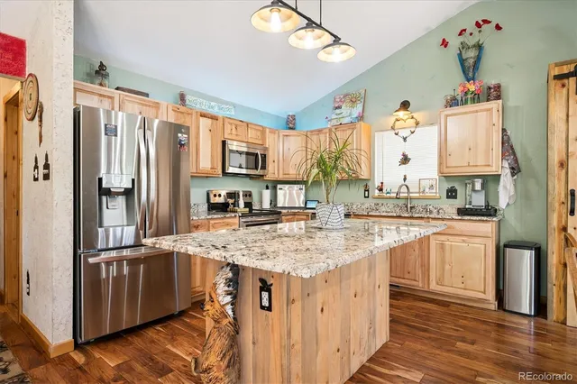 a kitchen with stainless steel appliances granite countertop a kitchen island a stove a sink and a refrigerator