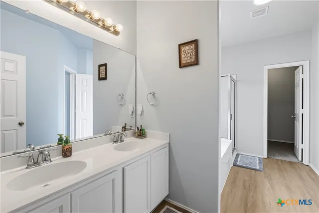 a bathroom with a sink a mirror and a shower
