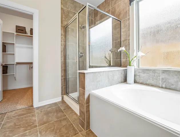 a bathroom with a bathtub and a shower
