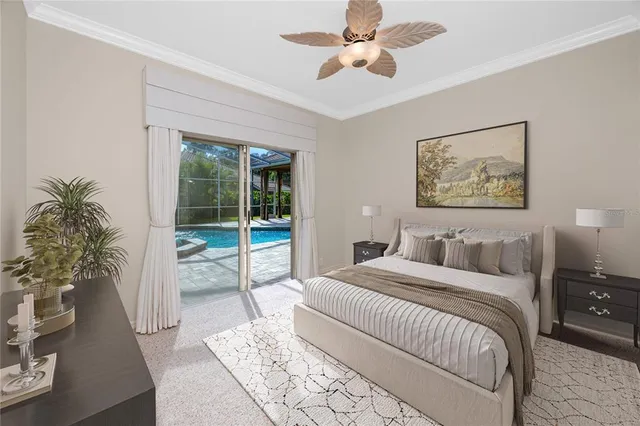 an aerial view of residential houses with outdoor space and swimming pool