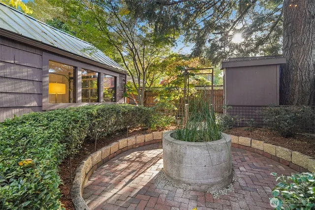 a view of a house with a yard potted plants and large tree