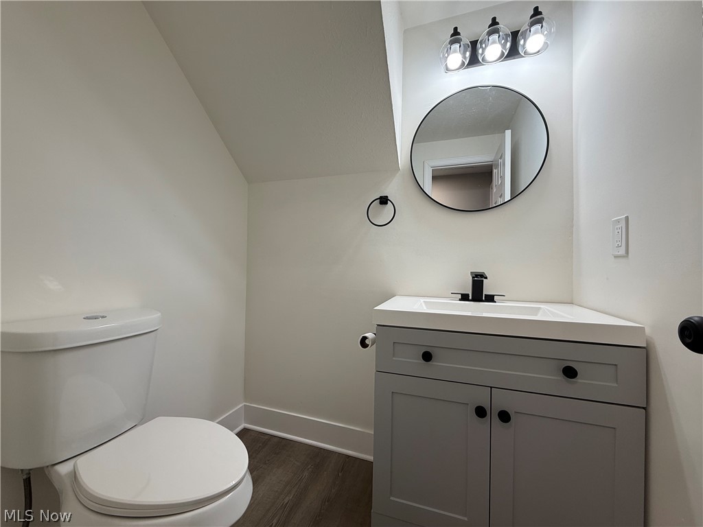 16667 Drake Road Strongsville, OH 44136 - Photo 26 of 30 Half bathroom featuring vanity, dark wood-style flooring, and vaulted ceiling