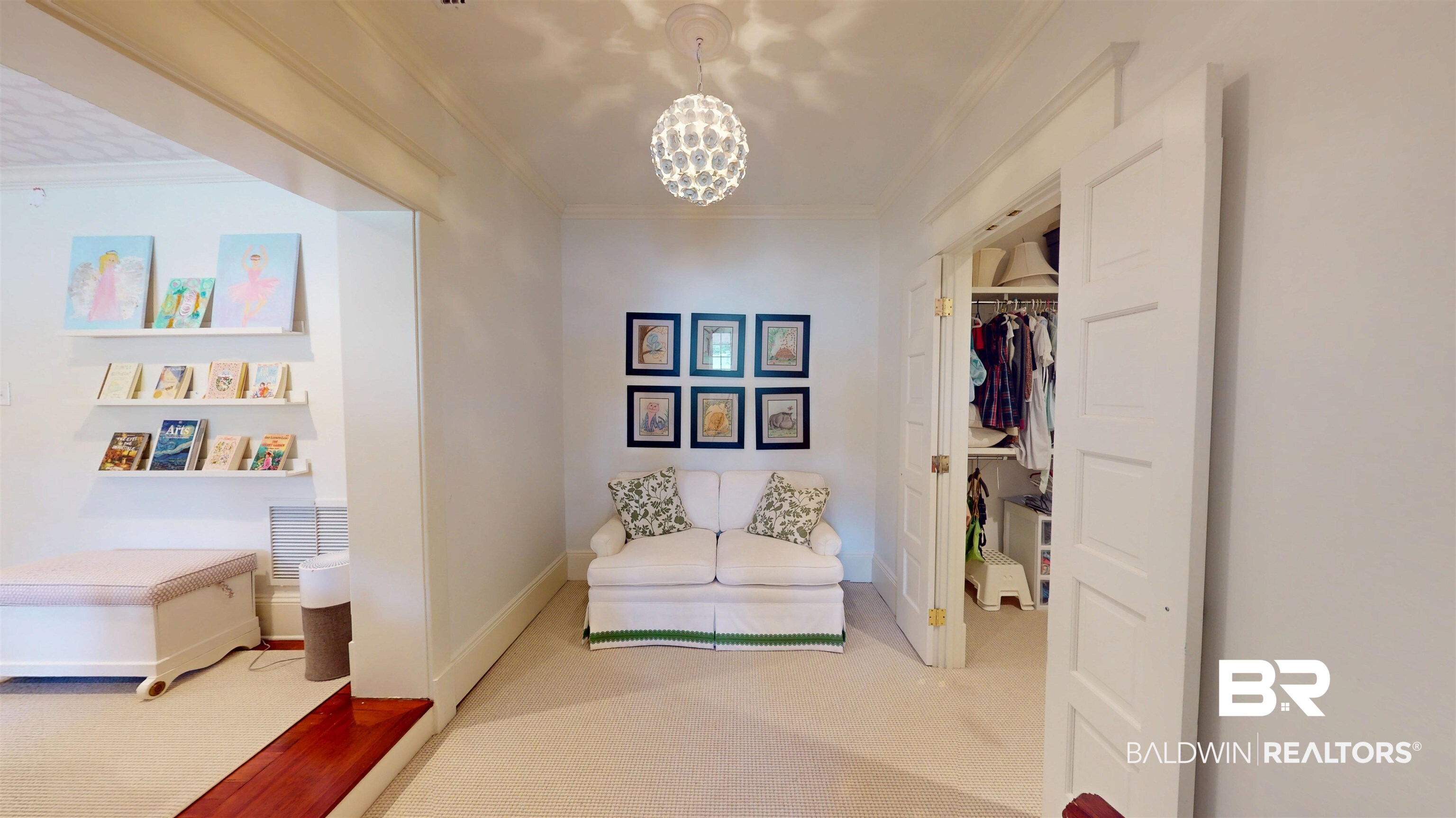 211 Lanier Avenue Mobile, AL 36607 - Photo 49 of 73 Living area featuring a chandelier, crown molding, and carpet floors